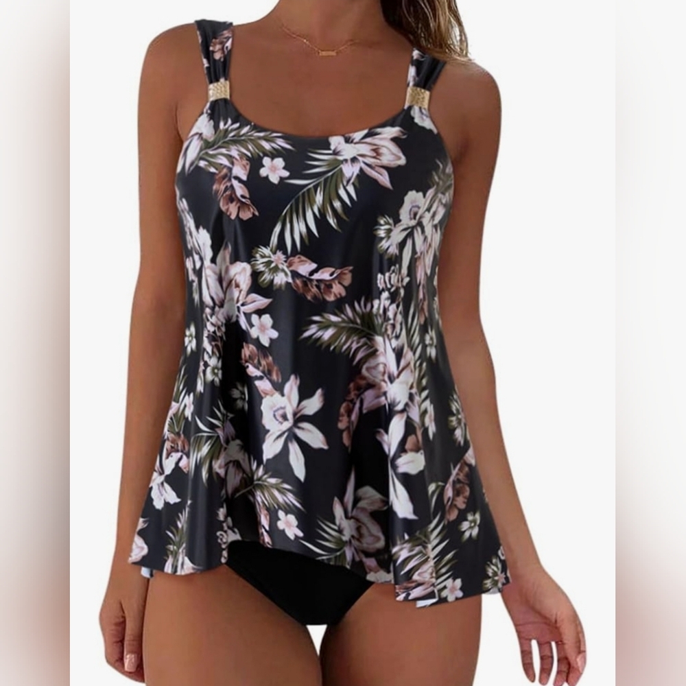 Plus Size XXL Black Floral Ruffle High Waisted Tankini Swimsuit Bathing Suit New